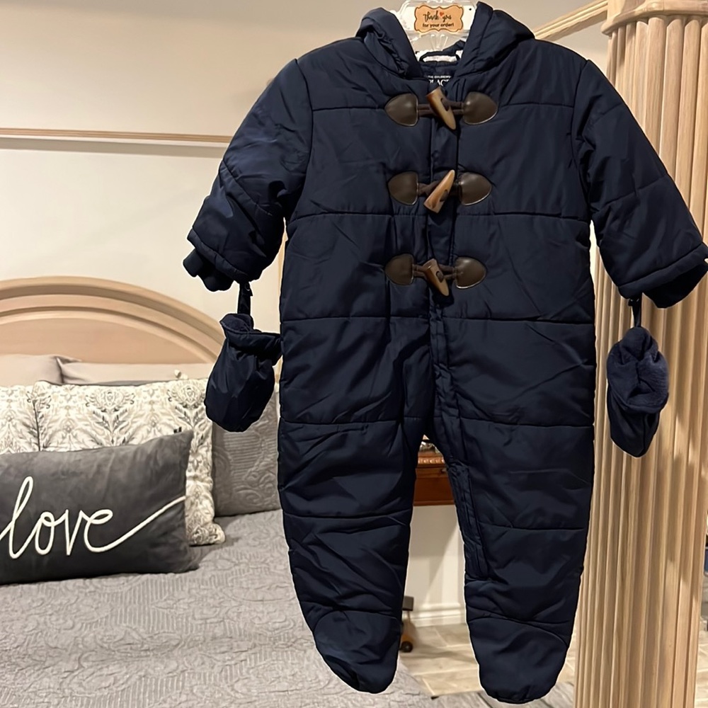 The Childrens Place Navy Blue Fleeced Winter Hooded Onesie Size 6-9 Months